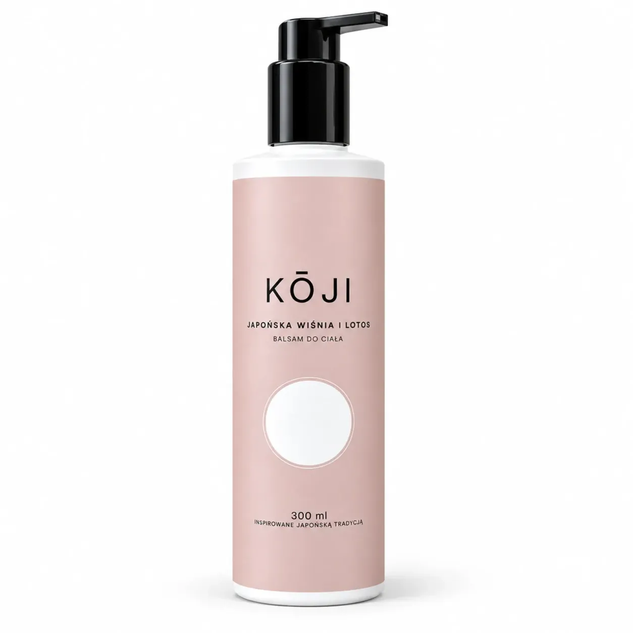 Balsam do ciała Kōji 300 ml z różową etykietą i pompką, na białym tle